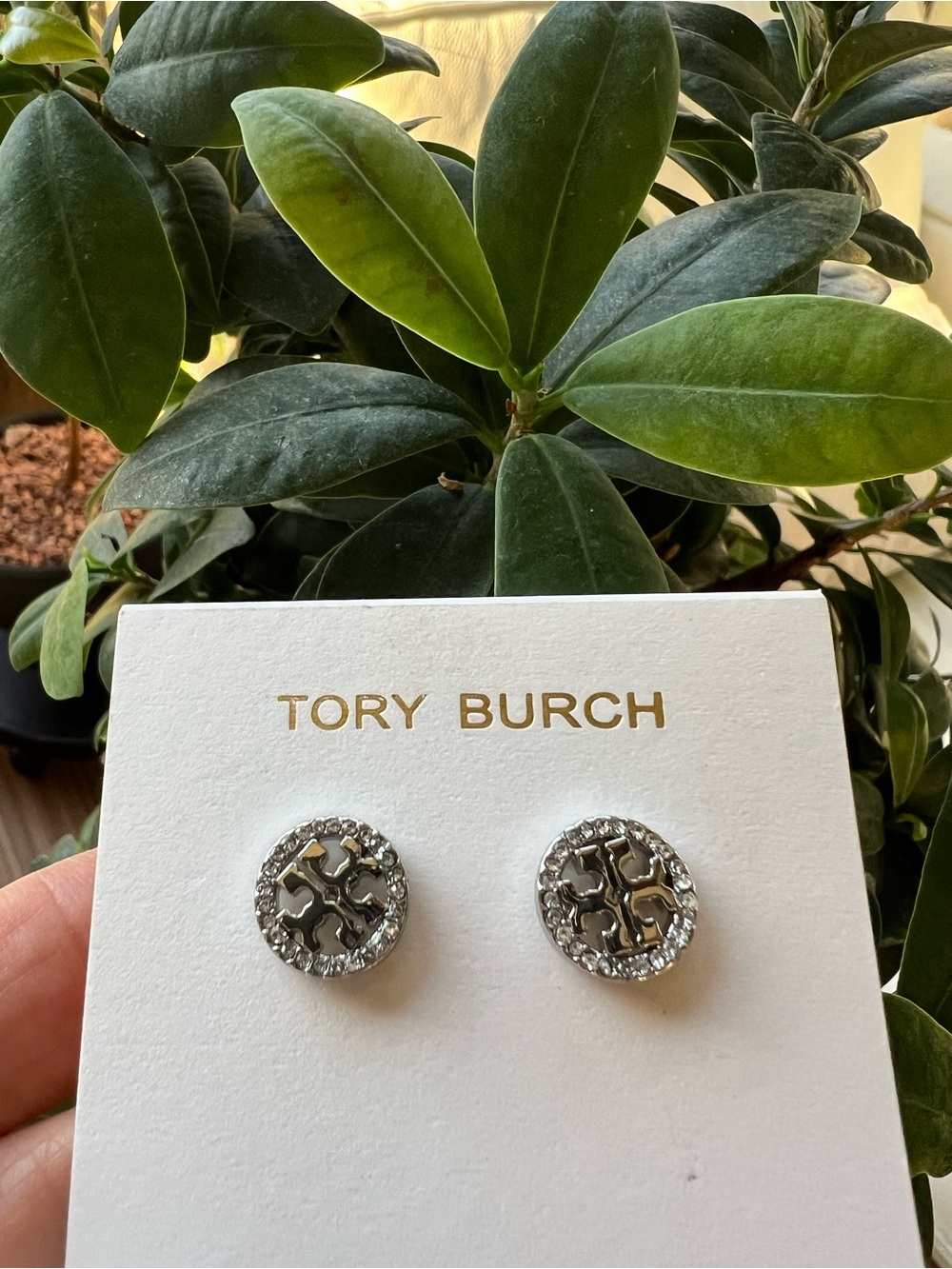 Tory Burch Logo Crystal Circle Stud Earrings - Silver